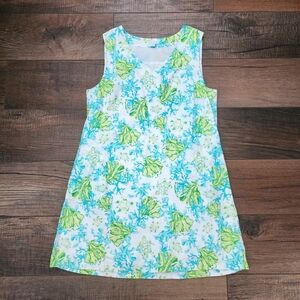 J Jill Love Linen Aqua Green Shift V Neck Dress L Petite Sea Turtle Coral Print
